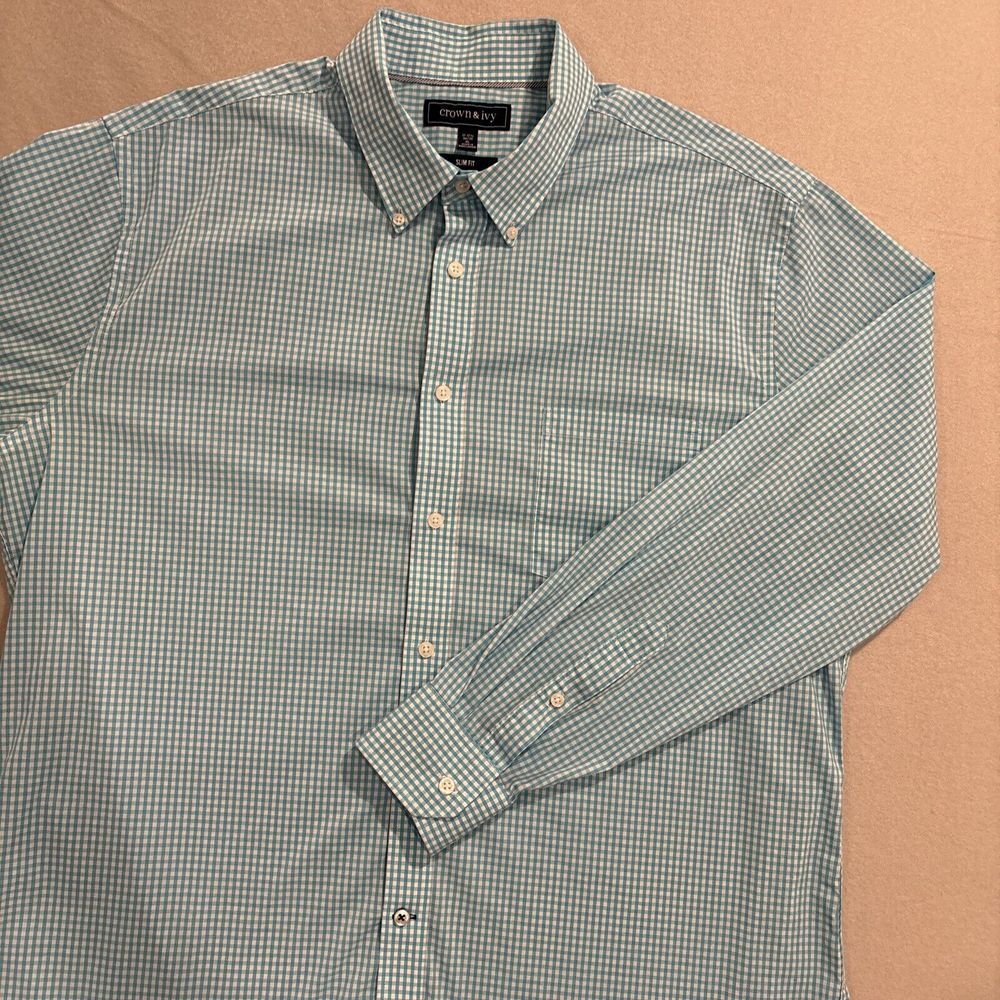 Crown & Ivy XL TEAL Checkered SLIM Fit Long Sleeve Men's Button Shirt EXCELLENT